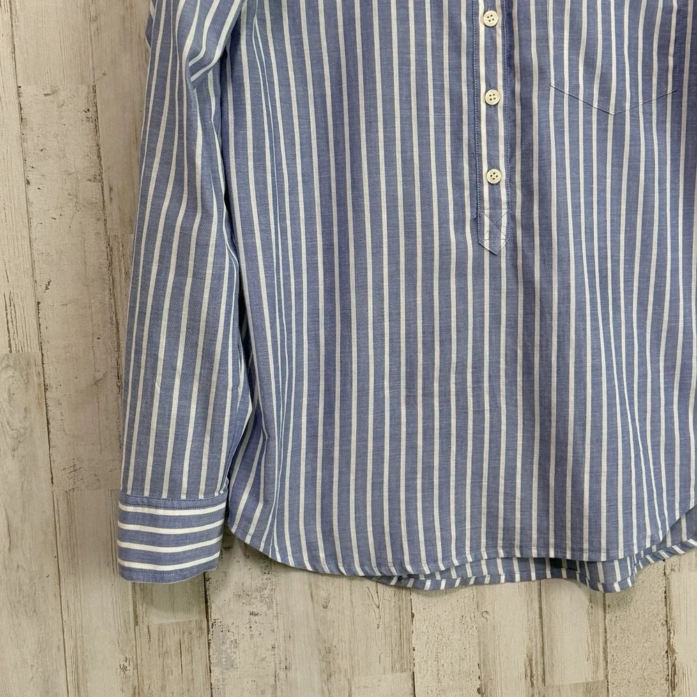 J Crew Henley Top Blouse S Blue Stripe Roll Tab Sleeve Preppy Summer Popover
